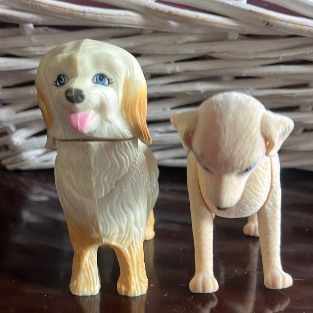 2 Doll Accessories Dog Figurine Set in Cream Color with Pink Tongue & Collar.